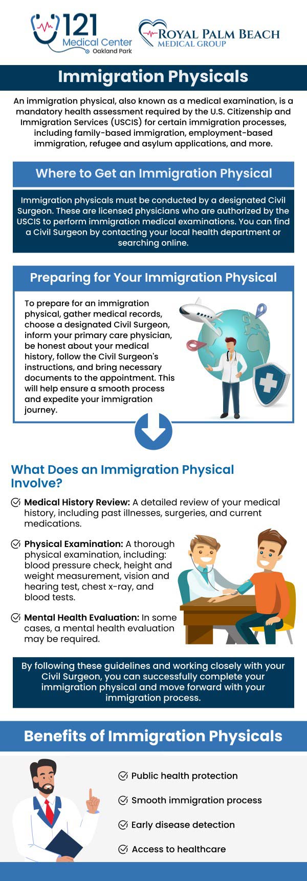 We offer comprehensive immigration physicals to help you meet the requirements for visa and green card applications. Our experienced healthcare professionals at 121 Medical Center and Royal Palm Beach Medical Group ensure a thorough, efficient examination, including all necessary tests and vaccinations. We prioritize your convenience and help streamline the process, making it as easy and stress-free as possible. For more information, contact us or get an online appointment. We are conveniently located in Fort Lauderdale and Royal Palm Beach, FL. We offer comprehensive immigration physicals to help you meet the requirements for visa and green card applications. Our experienced healthcare professionals at 121 Medical Center and Royal Palm Beach Medical Group ensure a thorough, efficient examination, including all necessary tests and vaccinations. We prioritize your convenience and help streamline the process, making it as easy and stress-free as possible. For more information, contact us or get an online appointment. We are conveniently located in Fort Lauderdale and Royal Palm Beach, FL.