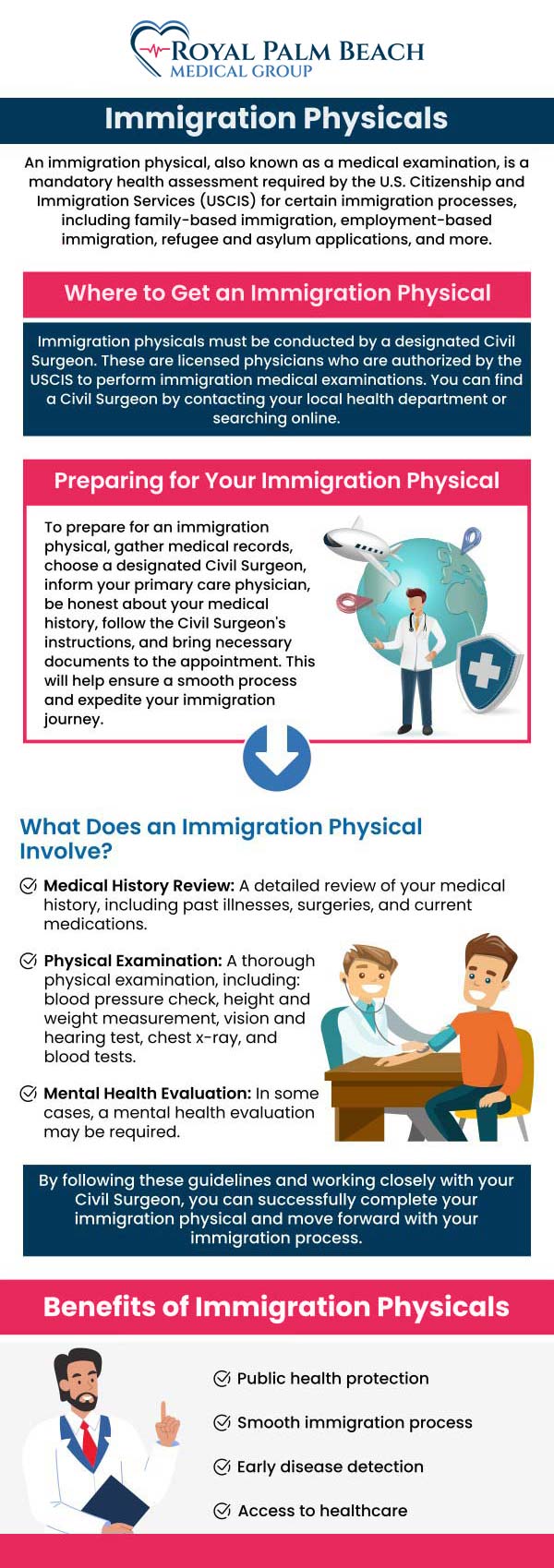 We offer comprehensive immigration physicals to help you meet the requirements for visa and green card applications. Our experienced healthcare professionals at Royal Palm Beach Medical Group ensure a thorough, efficient examination, including all necessary tests and vaccinations. We prioritize your convenience and help streamline the process, making it as easy and stress-free as possible. For more information, contact us or get an online appointment. We are conveniently located in Fort Lauderdale and Royal Palm Beach, FL. We offer comprehensive immigration physicals to help you meet the requirements for visa and green card applications. Our experienced healthcare professionals at Royal Palm Beach Medical Group ensure a thorough, efficient examination, including all necessary tests and vaccinations. We prioritize your convenience and help streamline the process, making it as easy and stress-free as possible. For more information, contact us or get an online appointment. We are conveniently located in Fort Lauderdale and Royal Palm Beach, FL.