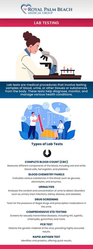 Royal Palm Beach Medical Group offer convenient in-house lab services to provide quick and accurate results for a variety of tests. Our state-of-the-art lab is equipped to handle blood work, urinalysis, and other diagnostic tests, ensuring fast turnaround times. This allows our healthcare professionals to offer timely diagnoses and personalized treatment plans, all within the comfort of our clinic. For more information, contact us or get an online appointment. We are conveniently located in Fort Lauderdale and Royal Palm Beach, FL. Royal Palm Beach Medical Group offer convenient in-house lab services to provide quick and accurate results for a variety of tests. Our state-of-the-art lab is equipped to handle blood work, urinalysis, and other diagnostic tests, ensuring fast turnaround times. This allows our healthcare professionals to offer timely diagnoses and personalized treatment plans, all within the comfort of our clinic. For more information, contact us or get an online appointment. We are conveniently located in Fort Lauderdale and Royal Palm Beach, FL.