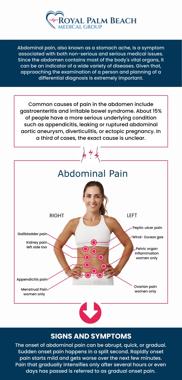 At Royal Palm Beach Medical Group, our team is dedicated to providing fast and effective care for abdominal pain. Whether you're experiencing mild or severe discomfort, our experienced professionals offer quick evaluations, on-site diagnostics, and personalized treatment to help you feel better quickly. For more information, contact us or request an appointment online. We have convenient locations in Fort Lauderdale, FL, and Royal Palm Beach, FL.