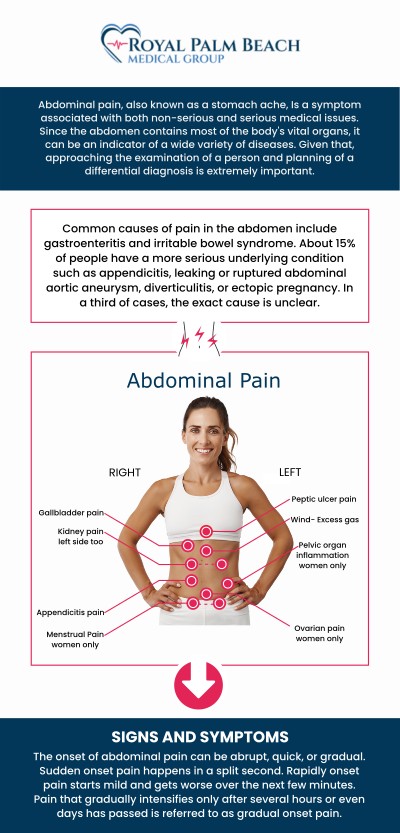 At Royal Palm Beach Medical Group, our team is dedicated to providing fast and effective care for abdominal pain. Whether you're experiencing mild or severe discomfort, our experienced professionals offer quick evaluations, on-site diagnostics, and personalized treatment to help you feel better quickly. For more information, contact us or request an appointment online. We have convenient locations in Fort Lauderdale, FL, and Royal Palm Beach, FL.
